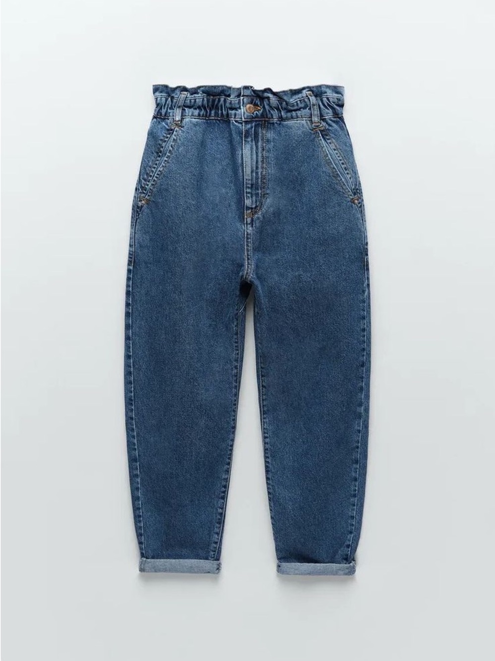 Zara Dark Blue High-Rise Paperbag Waist Jeans